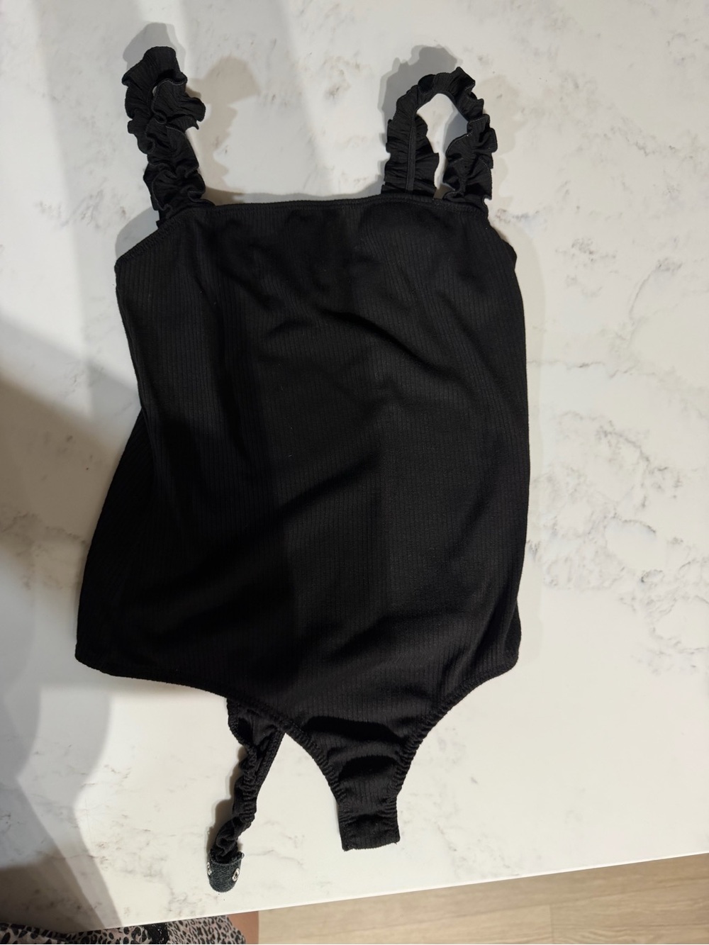 Black Ruffle Strap Bodysuit for Women